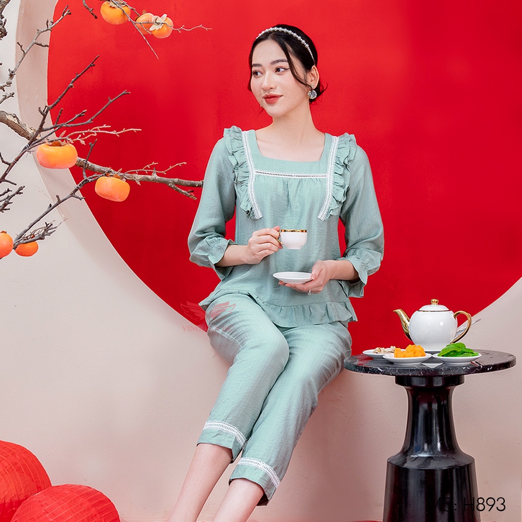 Đồ bộ mặc nhà Pijama đũi sau sinh mềm mịn VINGO tay dài quần dài hoạ tiết trơn mùa Thu Đông H893 VNGO