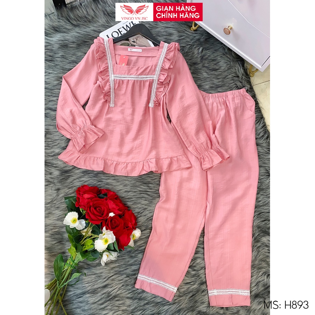 Đồ bộ mặc nhà Pijama đũi sau sinh mềm mịn VINGO tay dài quần dài hoạ tiết trơn mùa Thu Đông H893 VNGO
