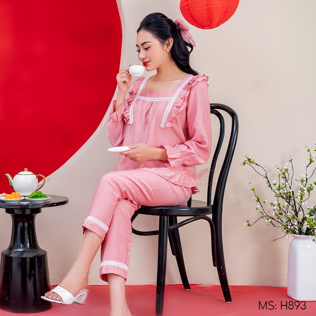 Đồ bộ mặc nhà Pijama đũi sau sinh mềm mịn VINGO tay dài quần dài hoạ tiết trơn mùa Thu Đông H893 VNGO