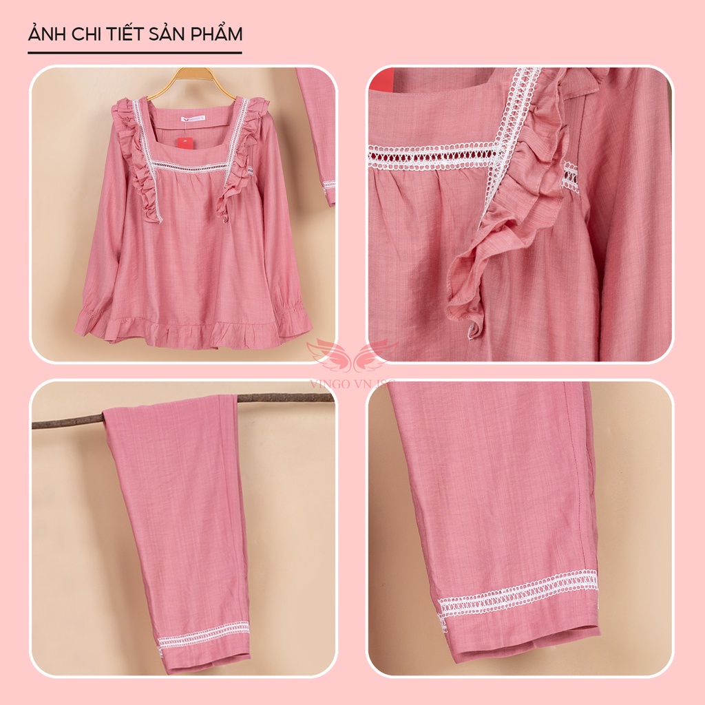 Đồ bộ mặc nhà Pijama đũi sau sinh mềm mịn VINGO tay dài quần dài hoạ tiết trơn mùa Thu Đông H893 VNGO