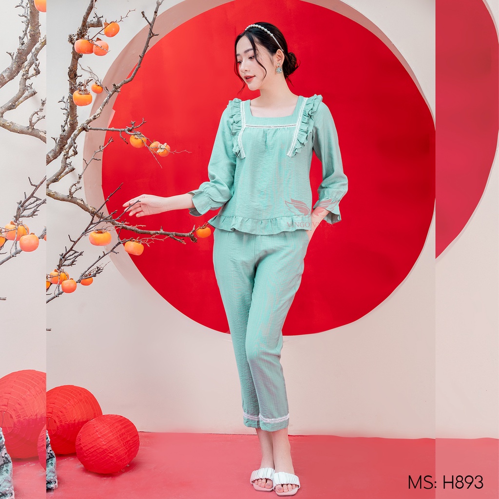 Đồ bộ mặc nhà Pijama đũi sau sinh mềm mịn VINGO tay dài quần dài hoạ tiết trơn mùa Thu Đông H893 VNGO