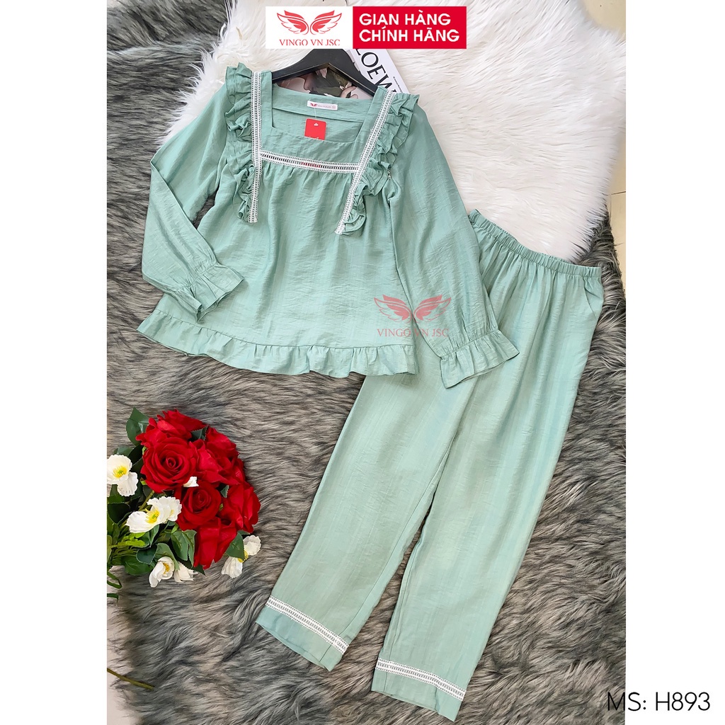 Đồ bộ mặc nhà Pijama đũi sau sinh mềm mịn VINGO tay dài quần dài hoạ tiết trơn mùa Thu Đông H893 VNGO