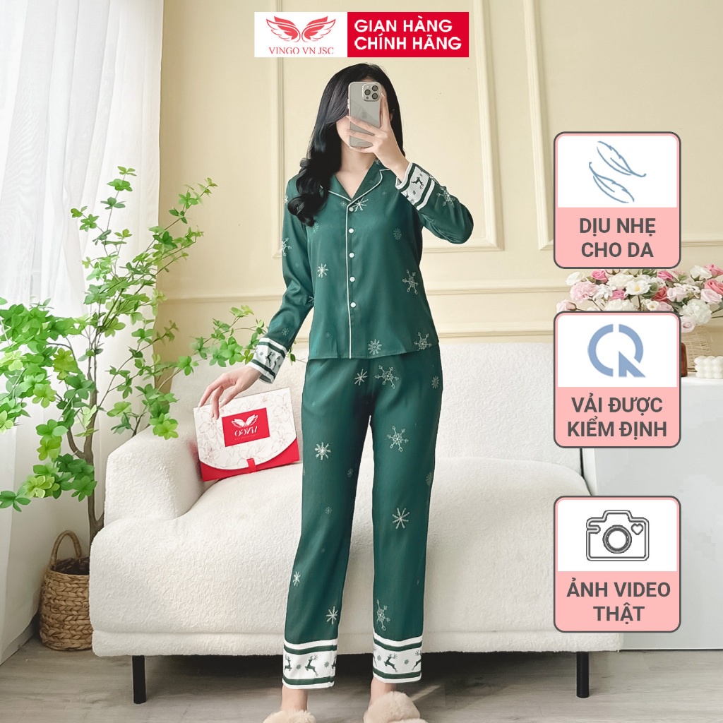 Đồ bộ nữ mặc nhà Pijama lụa vân gỗ mùa Thu Đông VINGO tay dài quần dài dáng eo bông tuyết H1076 VNGO