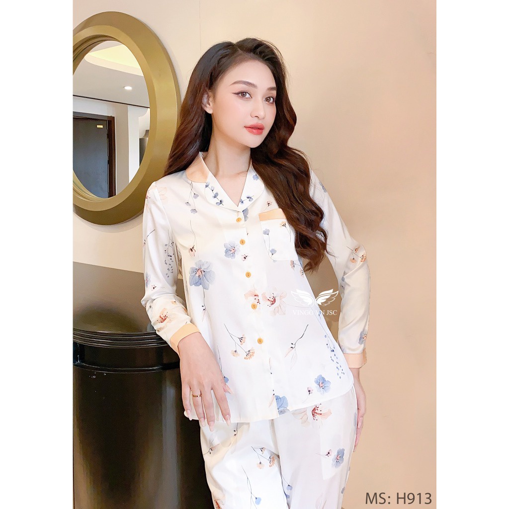 Đồ bộ mặc nhà Pijama lụa mặc nhà cao cấp mùa Thu Đông VINGO tay dài quần dài hoạ tiết hoa H913 VNGO