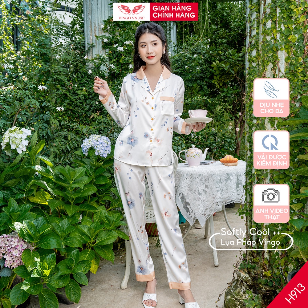 Đồ bộ mặc nhà Pijama lụa mặc nhà cao cấp mùa Thu Đông VINGO tay dài quần dài hoạ tiết hoa H913 VNGO