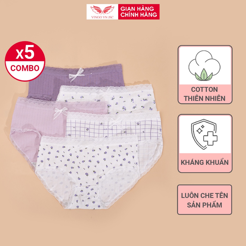 Combo 5 Quần Lót Cotton Nữ Cạp Cao VINGO Thấm Hút Kháng Khuẩn Phối Viền Ren Lưới Mềm Đính Nơ Nhỏ Họa Tiết Xinh CB20 VNGO