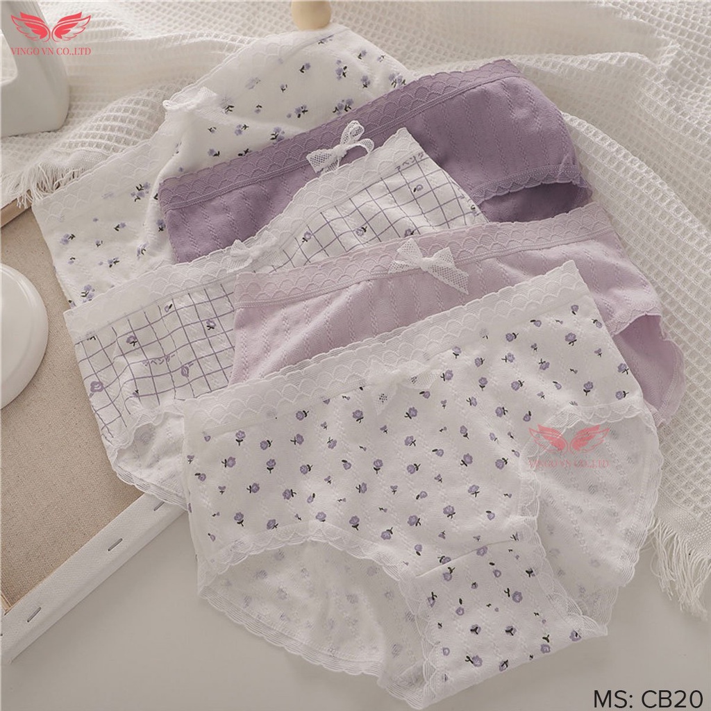 Combo 5 Quần Lót Cotton Nữ Cạp Cao VINGO Thấm Hút Kháng Khuẩn Phối Viền Ren Lưới Mềm Đính Nơ Nhỏ Họa Tiết Xinh CB20 VNGO