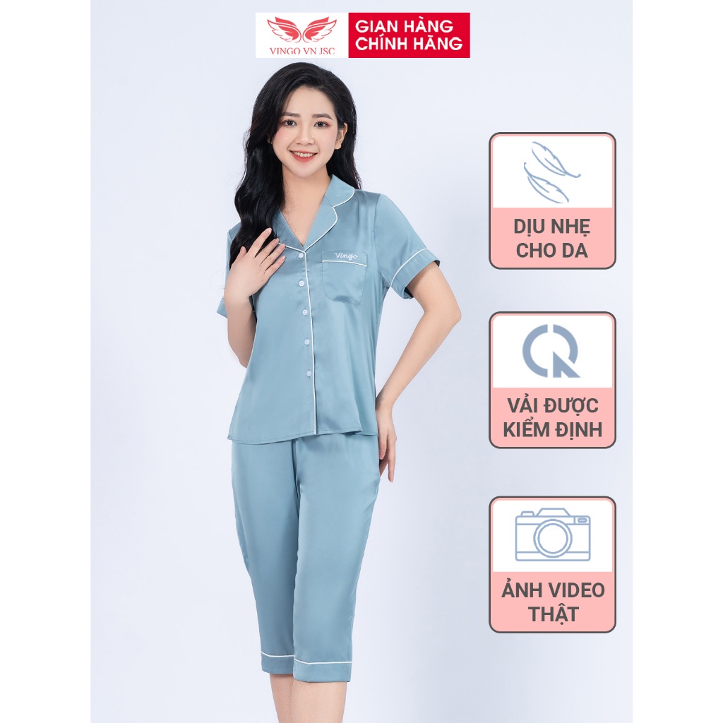 Đồ bộ mặc nhà Pijama lụa mặc nhà cao cấp VINGO tay ngắn quần lửng hoạ tiết trơn H693 VNGO