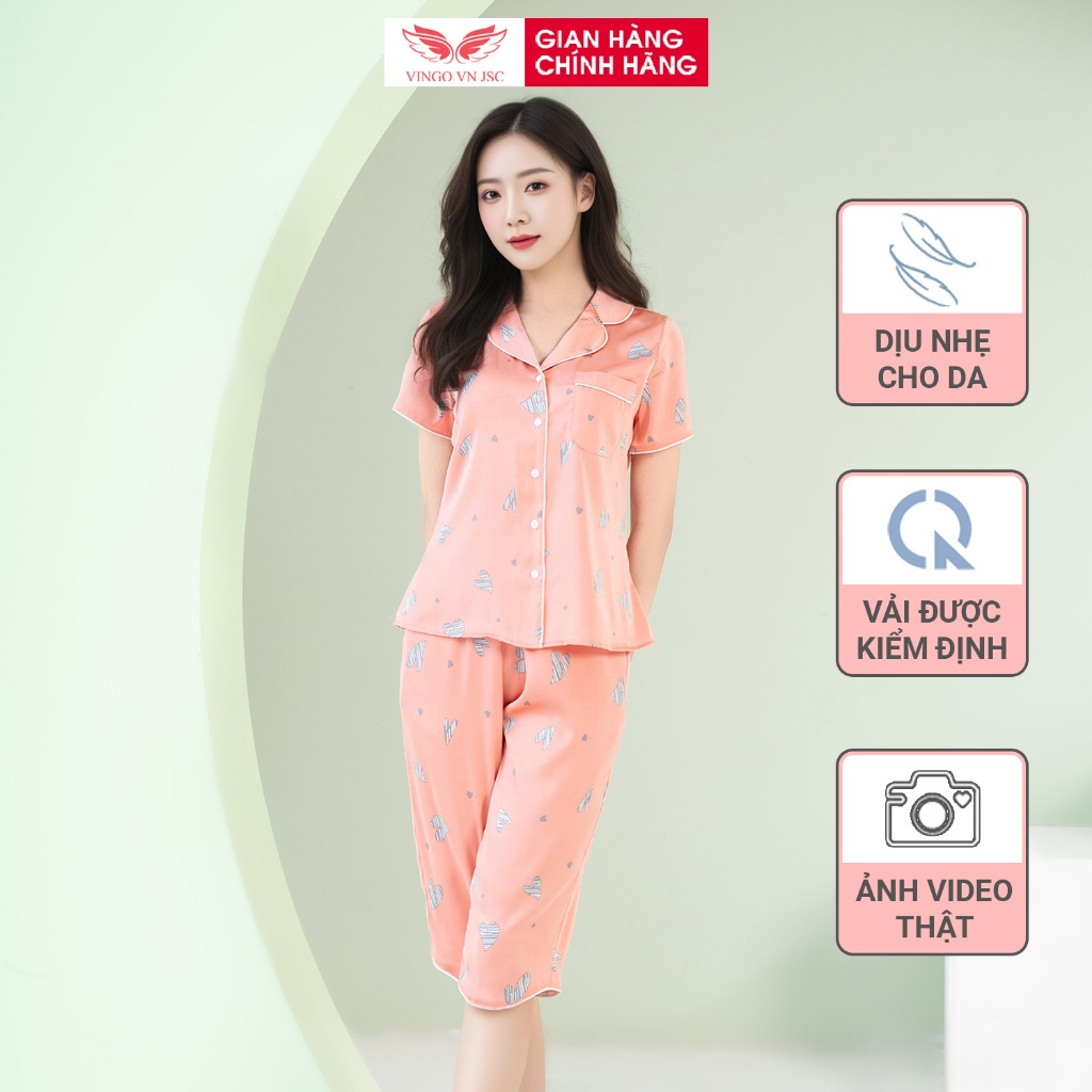 Pijama lụa bộ đồ ngủ mặc nhà cao cấp VINGO tay ngắn quần lửng hoạ tiết đẹp H767 VNGO
