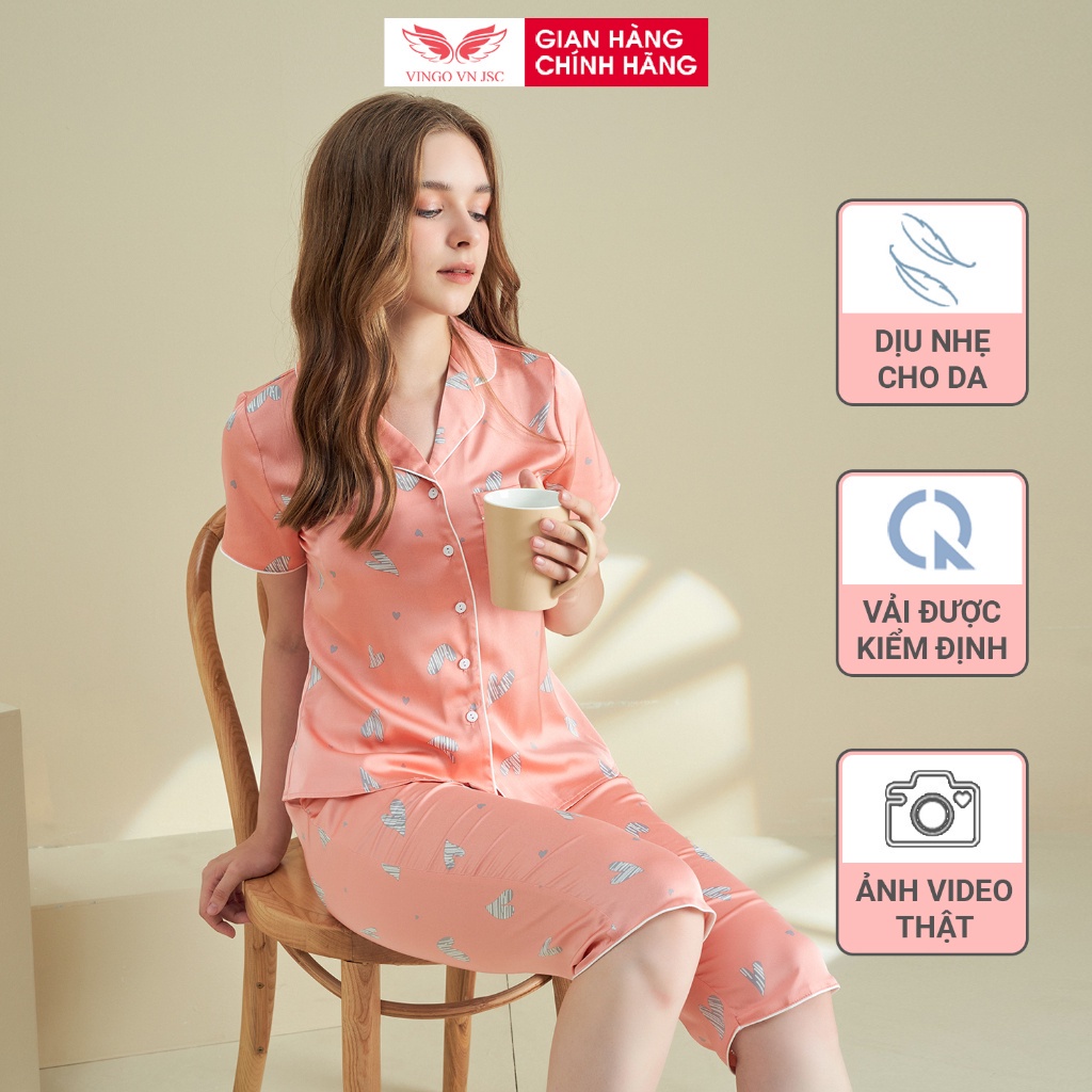 Pijama lụa bộ đồ ngủ mặc nhà cao cấp VINGO tay ngắn quần lửng hoạ tiết đẹp H767 VNGO