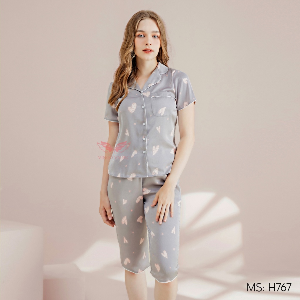 Pijama lụa bộ đồ ngủ mặc nhà cao cấp VINGO tay ngắn quần lửng hoạ tiết đẹp H767 VNGO