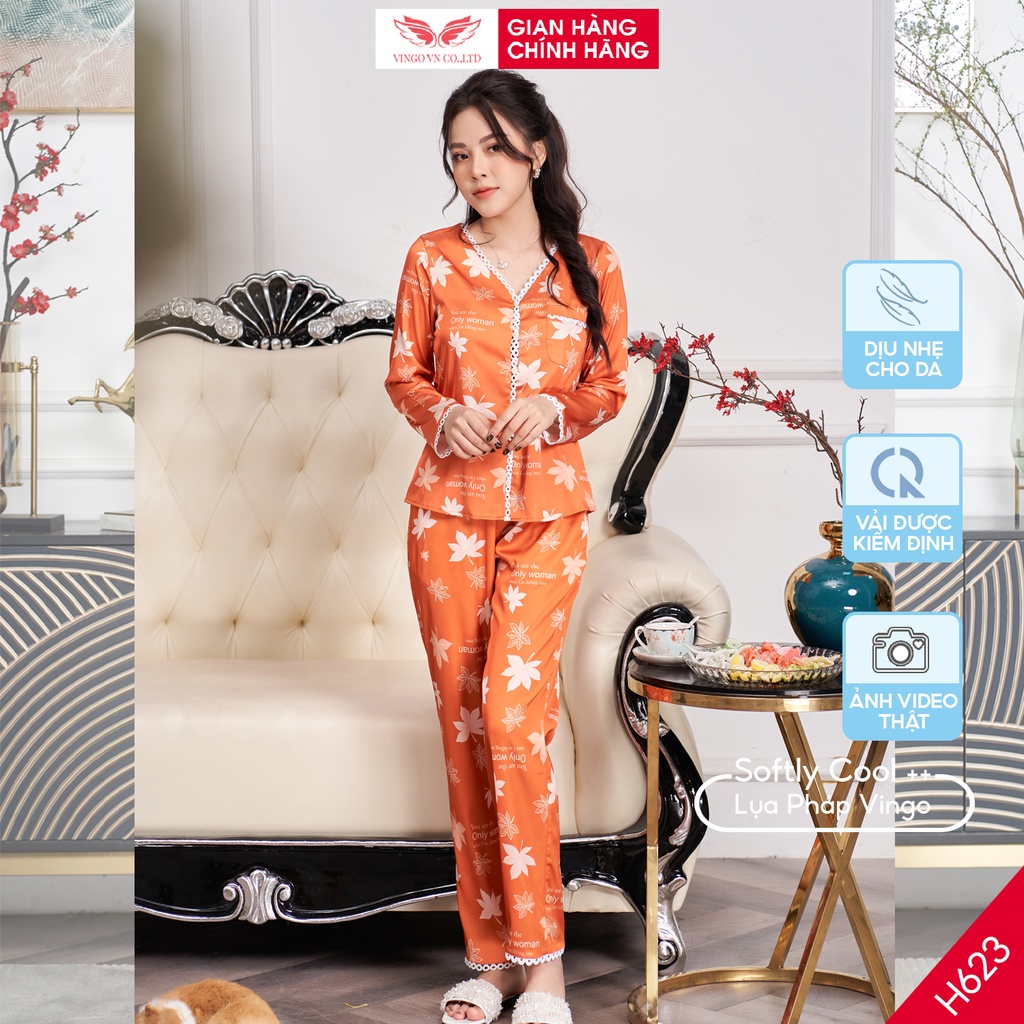 Đồ bộ mặc nhà Pijama lụa mặc nhà cao cấp VINGO tay dài quần dài Thu Đông hoạ tiết lá cam H623 VNGO