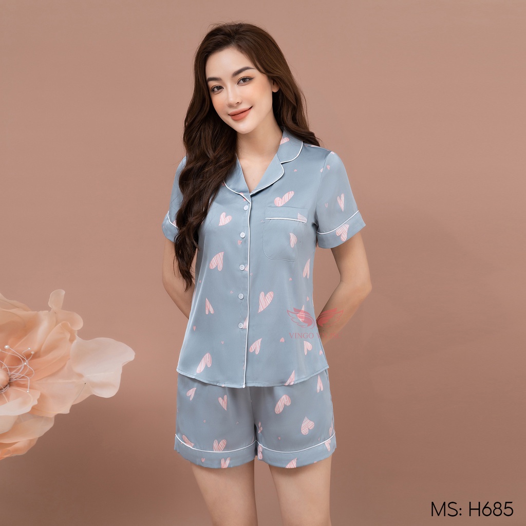 Bộ đồ ngủ Pijama lụa mặc nhà cao cấp VINGO tay ngắn quần đùi hoạ tiết đẹp H685 VNGO