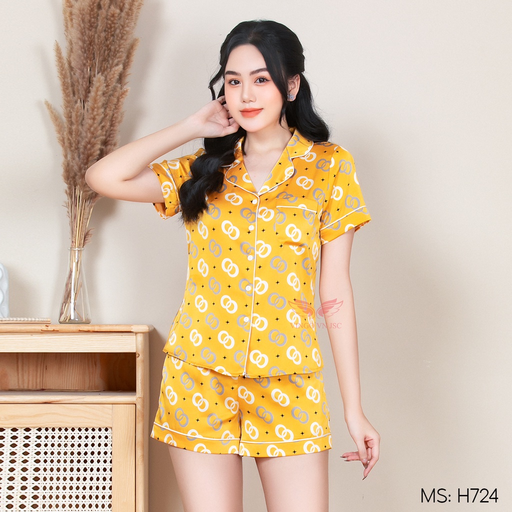 Bộ đồ ngủ Pijama lụa mặc nhà cao cấp VINGO tay ngắn quần đùi hoạ tiết đẹp H685 VNGO