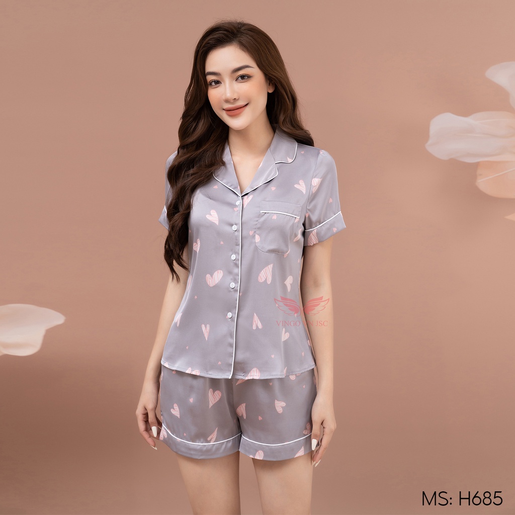 Bộ đồ ngủ Pijama lụa mặc nhà cao cấp VINGO tay ngắn quần đùi hoạ tiết đẹp H685 VNGO