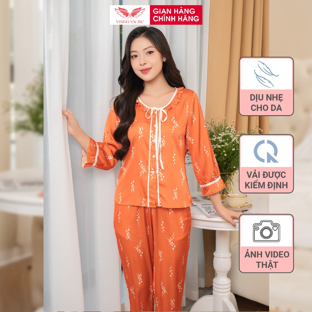 Đồ bộ mặc nhà Pijama lụa mặc nhà cao cấp VINGO tay dài quần dài Thu Đông hoạ tiết đẹp H558 VNGO
