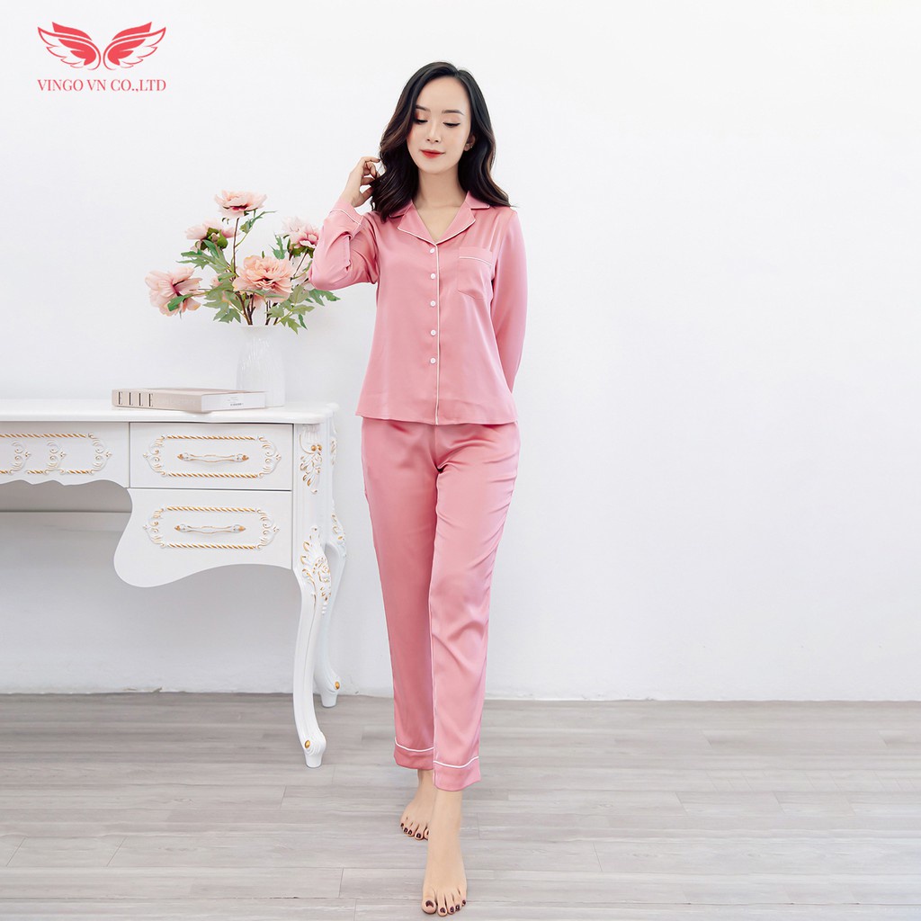Bộ Pijama lụa mặc nhà cao cấp VINGO tay dài quần dài mùa Thu Đông H253 VNGO
