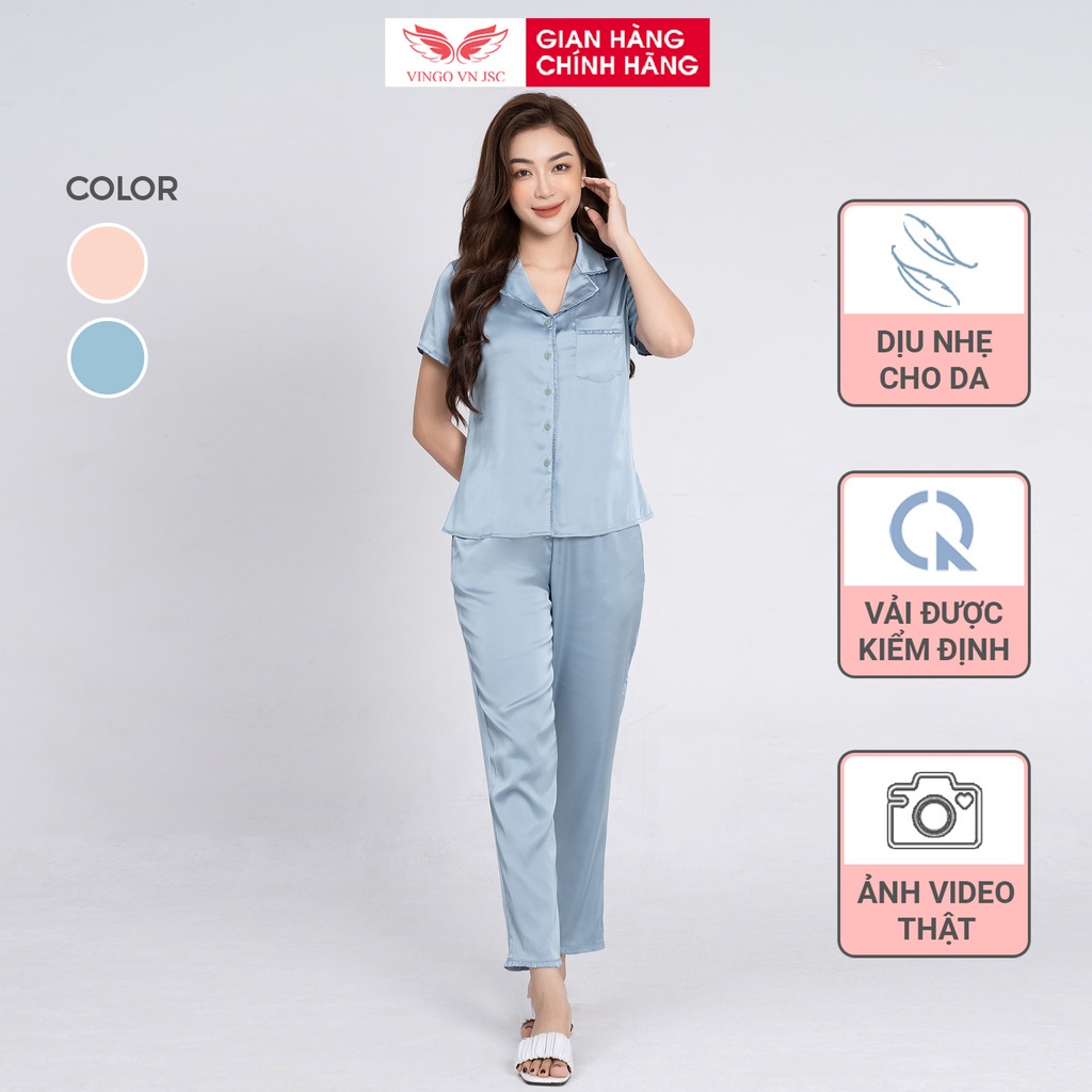 Đồ bộ mặc nhà pijama lụa cao cấp VINGO tay ngắn quần dài mặc mùa Thu Đông H177 VNGO