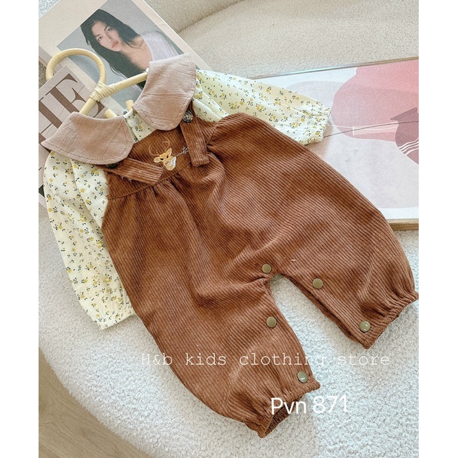 Set yếm nhung tăm mix áo sơ mi đũi hoa vintage cực yêu cho bé gái