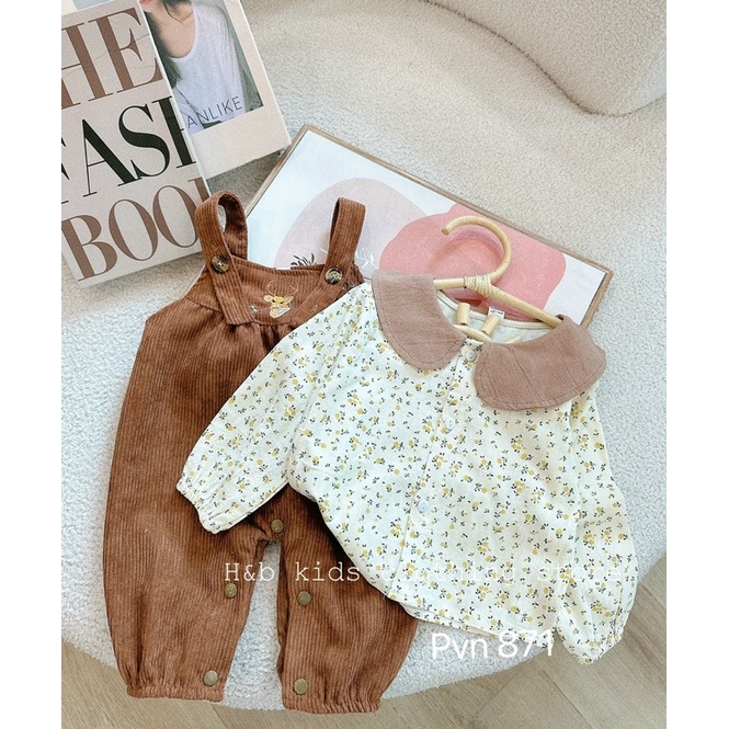 Set yếm nhung tăm mix áo sơ mi đũi hoa vintage cực yêu cho bé gái