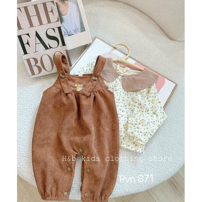 Set yếm nhung tăm mix áo sơ mi đũi hoa vintage cực yêu cho bé gái