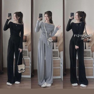 Set tăm quần suông áo tay dài cổ lệch tà nhọn 1311