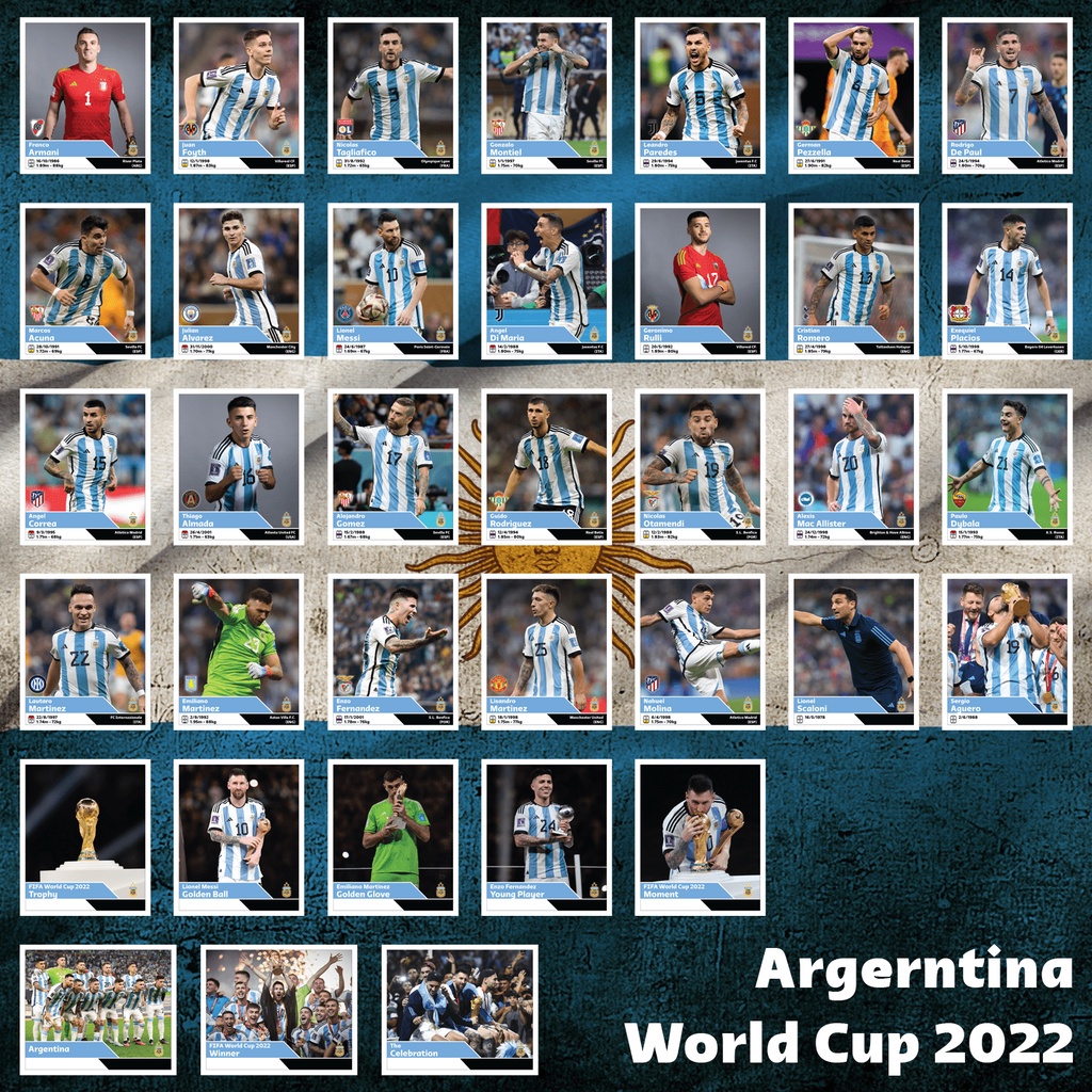 [THẺ IN] Trọn bộ 36 thẻ cầu thủ bóng đá Đội tuyển Argentina vô địch WC 2022 size Poca
