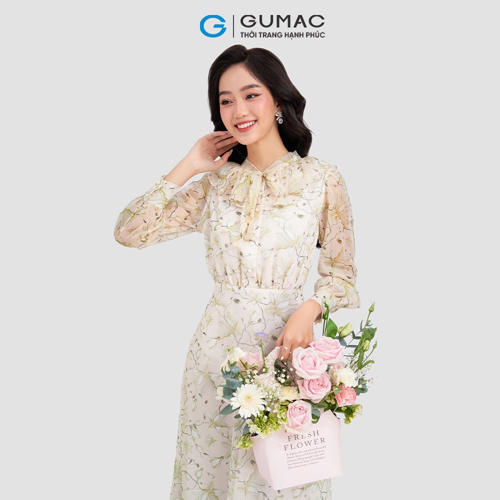 Đầm hoa nữ dáng bâu kiểu bèo nhún GUMAC DD03005