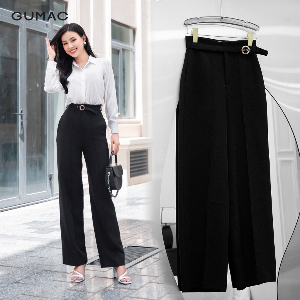 Quần tây công sở dáng suông GUMAC QD09021 lưng cao kèm dây thắt lưng sang trọng