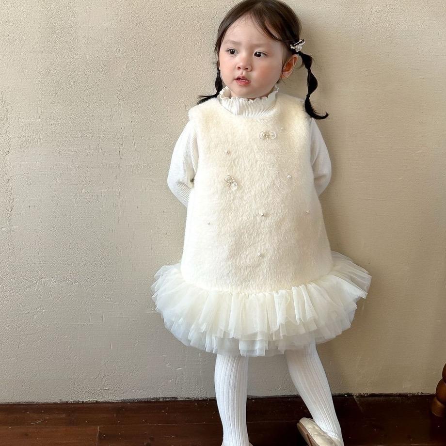 Váy lông tiểu thư đính nơ, ngọc bé gái