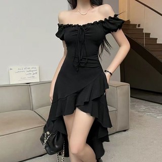 Yuexunqiqijia Đầm Đen Lệch Vai Phối Bèo Thời Trang Mùa Hè Quyến Rũ Cho Nữ