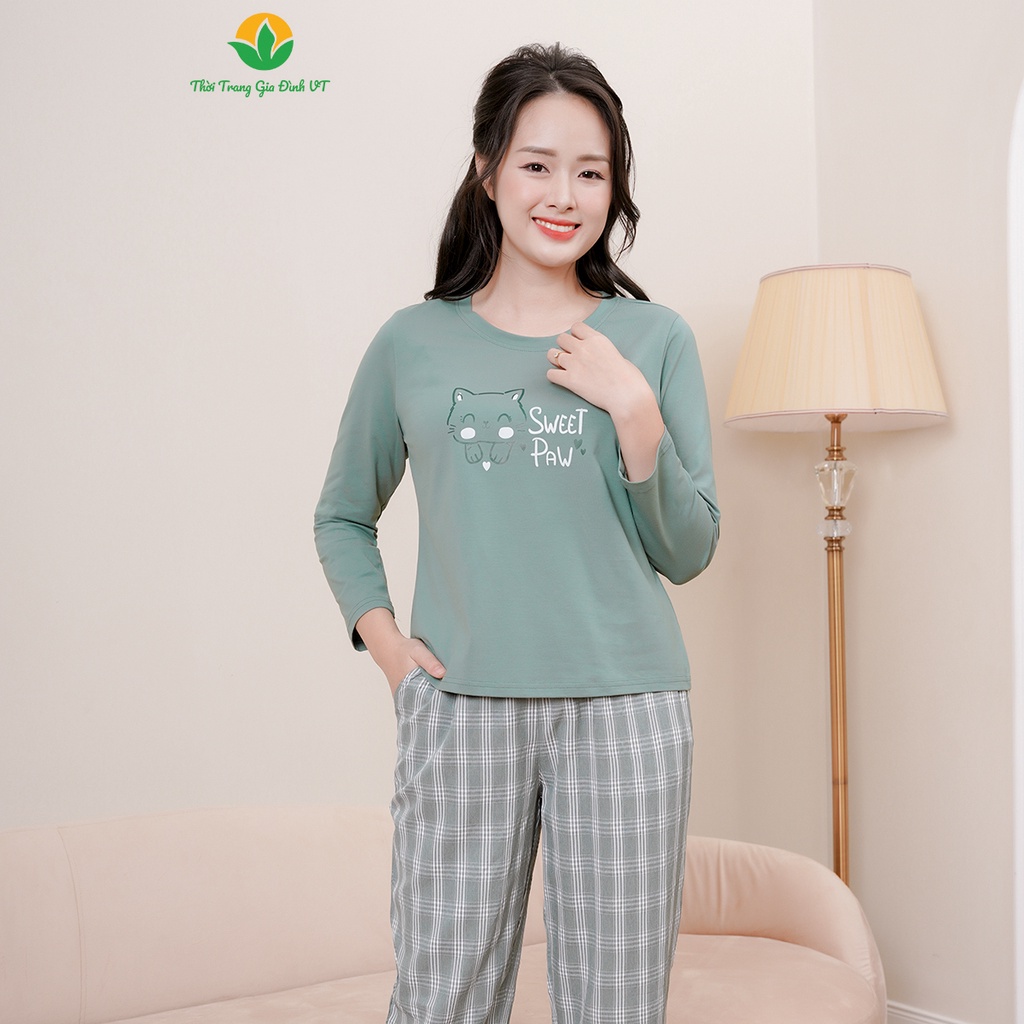Bộ mặc nhà nữ Việt Thắng chất Cotton dệt kim quần dài , áo cộc dài tay in hình họa tiết dễ thương - B50.2306