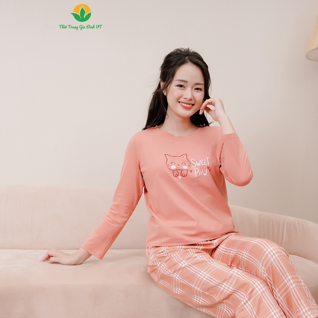 Bộ mặc nhà nữ Việt Thắng chất Cotton dệt kim quần dài , áo cộc dài tay in hình họa tiết dễ thương - B50.2306