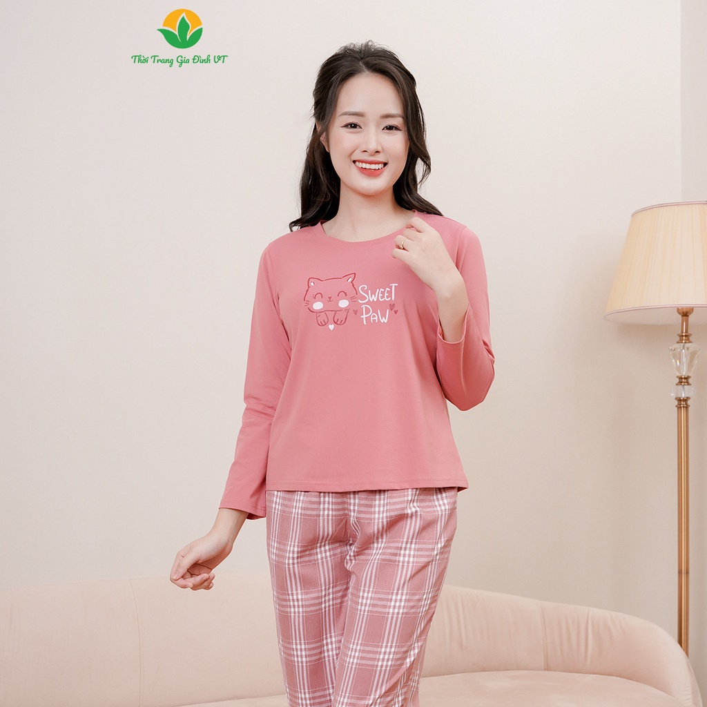 Bộ mặc nhà nữ Việt Thắng chất Cotton dệt kim quần dài , áo cộc dài tay in hình họa tiết dễ thương - B50.2306