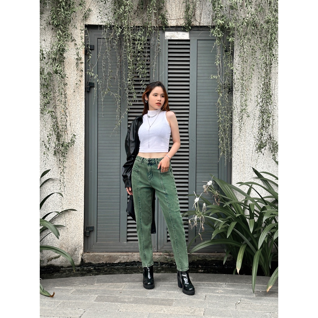 Quần Dài Dáng Baggy Rã Thân Trước Màu Xanh Rêu. Moss Green Baggy Pants with Striped Front - 123WD1089F1370