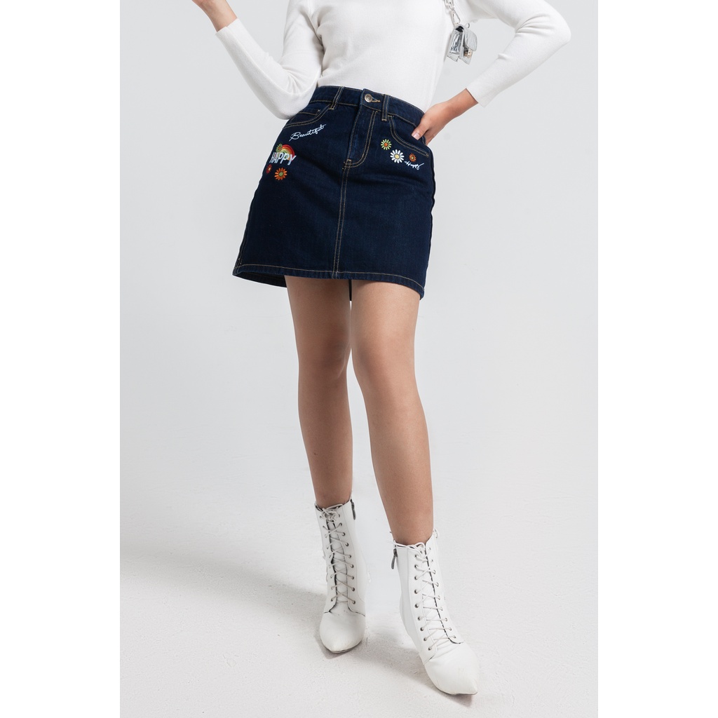 Chân Váy Chữ A Thêu Happy. 'Happy' Embroidered Denim Skirt - 121WD1111A2993