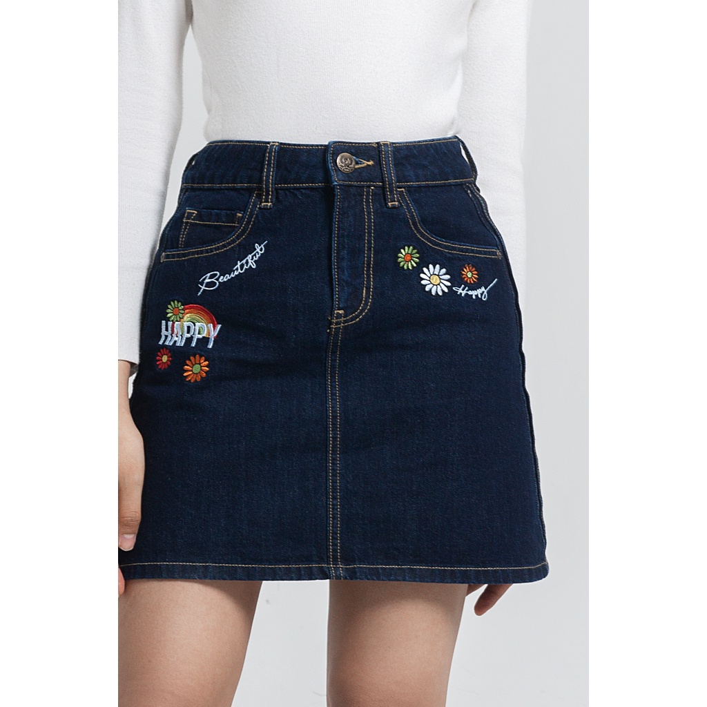 Chân Váy Chữ A Thêu Happy. 'Happy' Embroidered Denim Skirt - 121WD1111A2993