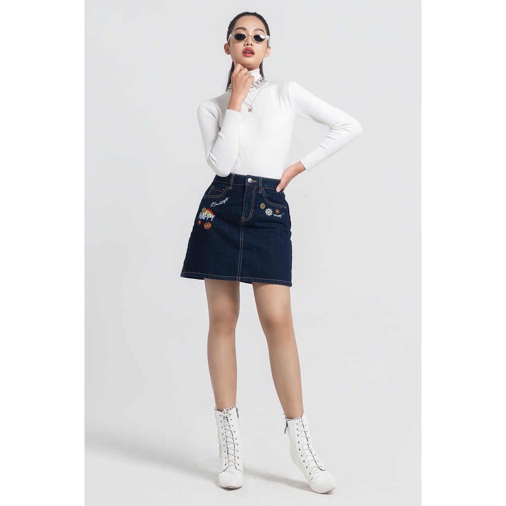Chân Váy Chữ A Thêu Happy. 'Happy' Embroidered Denim Skirt - 121WD1111A2993