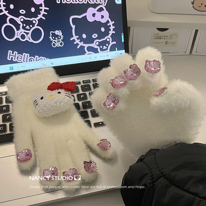 Hoạt Hình Găng Tay Lông Xù Đính Đá Hình hello kitty Đáng Yêu Dành Cho Học Sinh