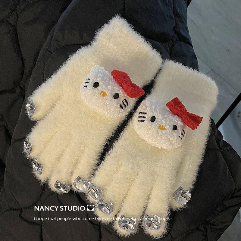 Hoạt Hình Găng Tay Lông Xù Đính Đá Hình hello kitty Đáng Yêu Dành Cho Học Sinh