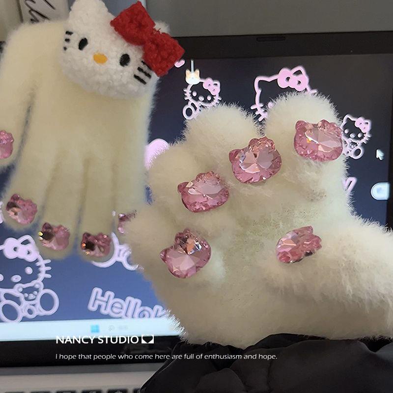 Hoạt Hình Găng Tay Lông Xù Đính Đá Hình hello kitty Đáng Yêu Dành Cho Học Sinh
