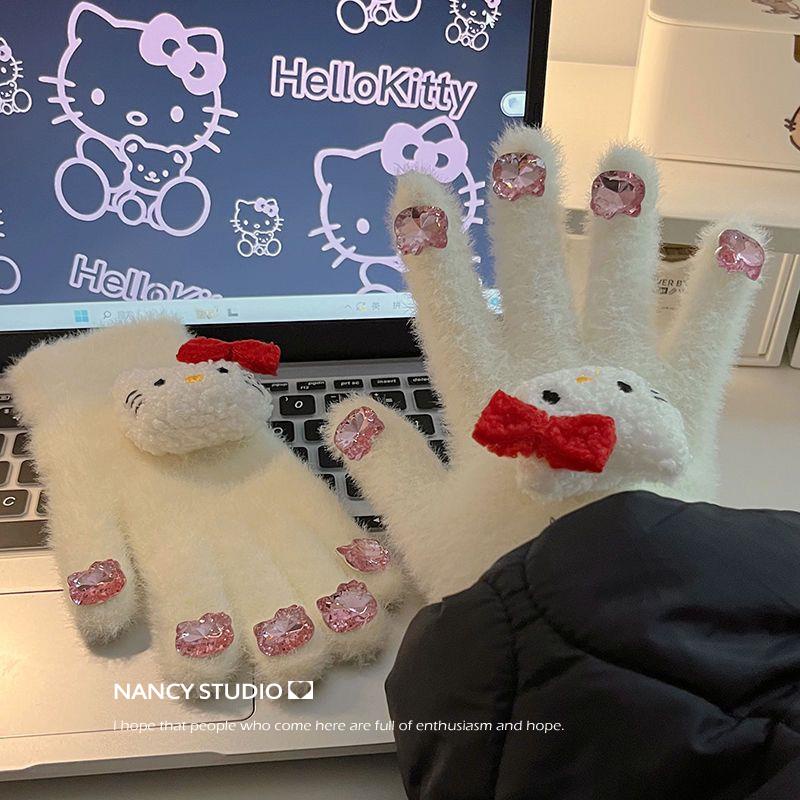 Hoạt Hình Găng Tay Lông Xù Đính Đá Hình hello kitty Đáng Yêu Dành Cho Học Sinh