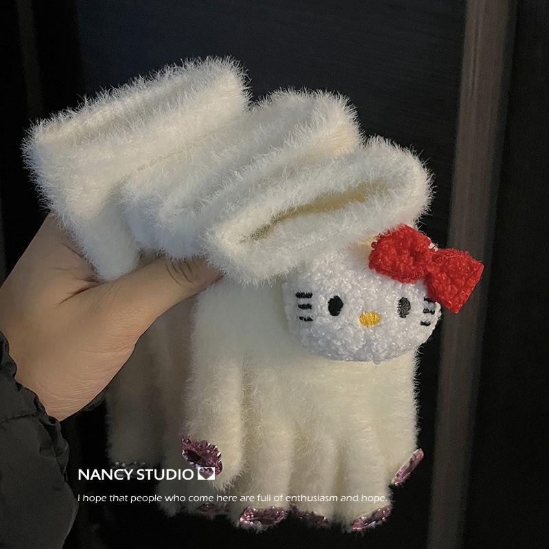 Hoạt Hình Găng Tay Lông Xù Đính Đá Hình hello kitty Đáng Yêu Dành Cho Học Sinh