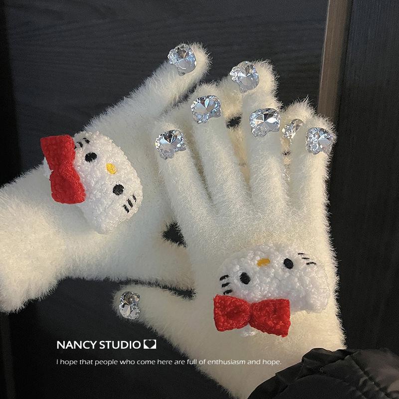 Hoạt Hình Găng Tay Lông Xù Đính Đá Hình hello kitty Đáng Yêu Dành Cho Học Sinh