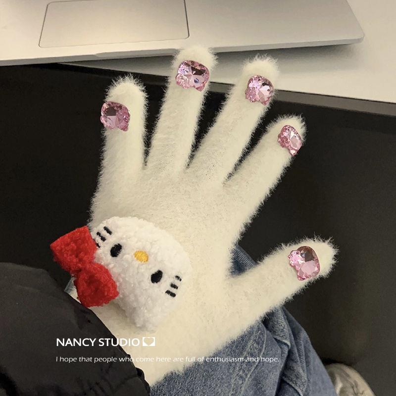 Hoạt Hình Găng Tay Lông Xù Đính Đá Hình hello kitty Đáng Yêu Dành Cho Học Sinh