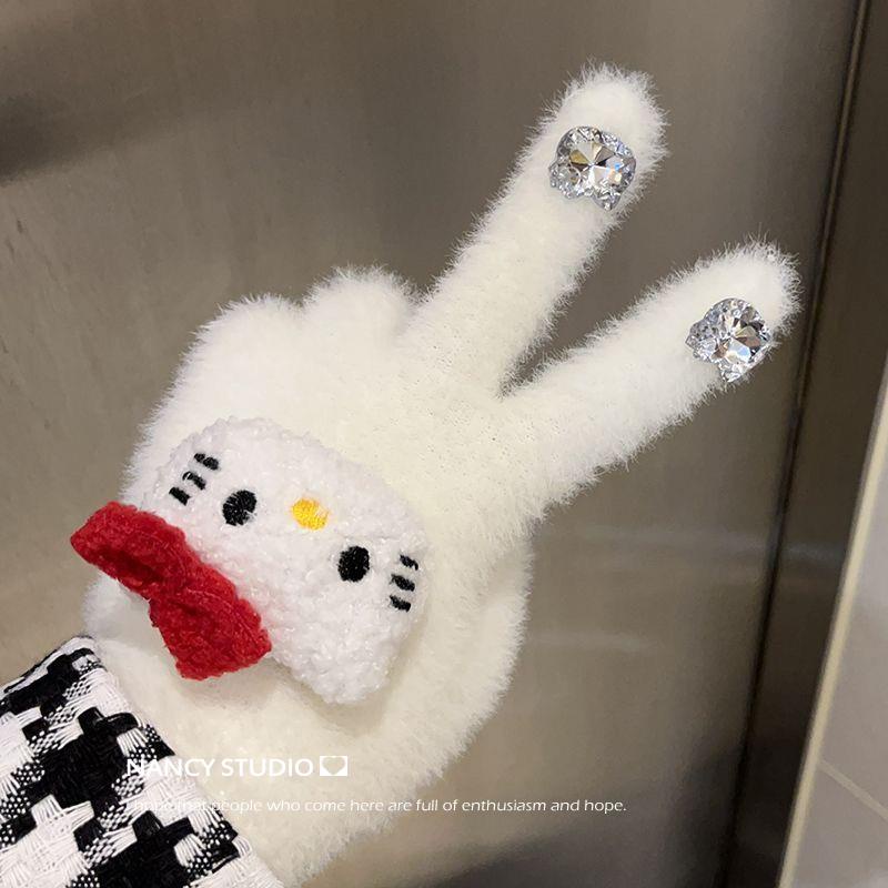 Hoạt Hình Găng Tay Lông Xù Đính Đá Hình hello kitty Đáng Yêu Dành Cho Học Sinh