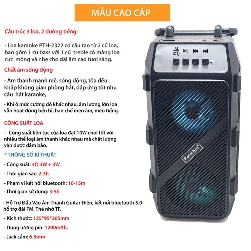 Loa Karaoke Cỡ Nhỏ Có đèn led PTH-2322 âm thanh chuẩn speaker, Bass Hay, Trầm Ấm Echo chuyên nghiệp HOT
