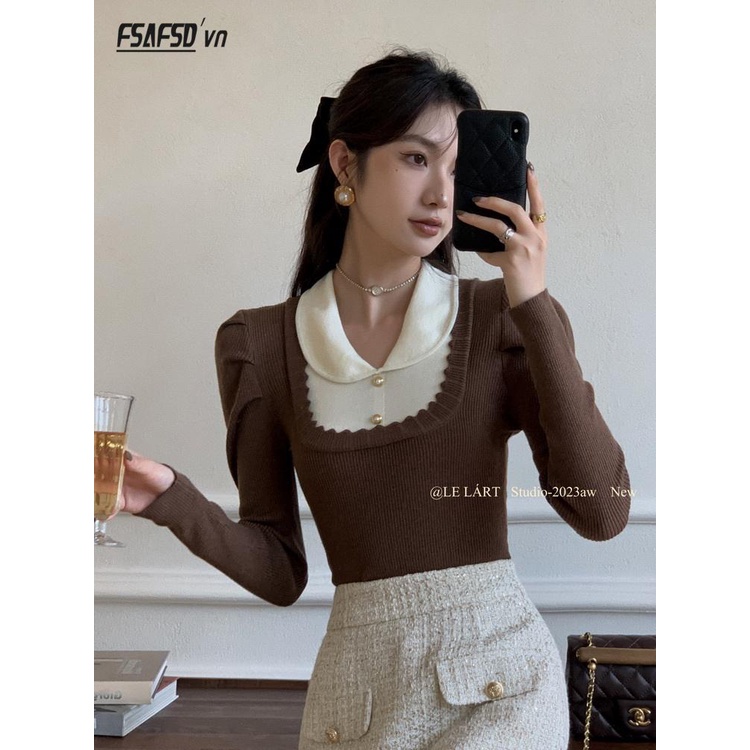 Áo sweater Giả Hai Mảnh Tay Phồng Ghép Mảnh Màu Tương Phản Phong Cách Pháp Mùa Thu 2023 Mới Cho Nữ