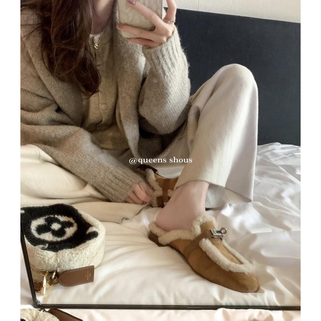 Dép Lông Cừu Bít Mũi Thời Trang Thanh Lịch Cho Nữ
