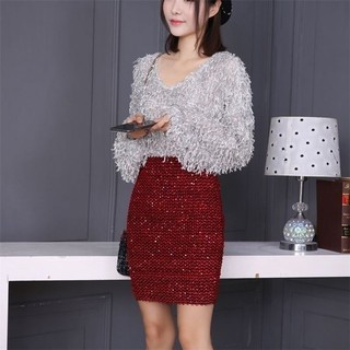  Jiashucheng Chân Váy Ngắn Lưng Cao Đính Kim Sa Lấp Lánh Cỡ Lớn Ôm Hông Quyến Rũ Cho Nữ 